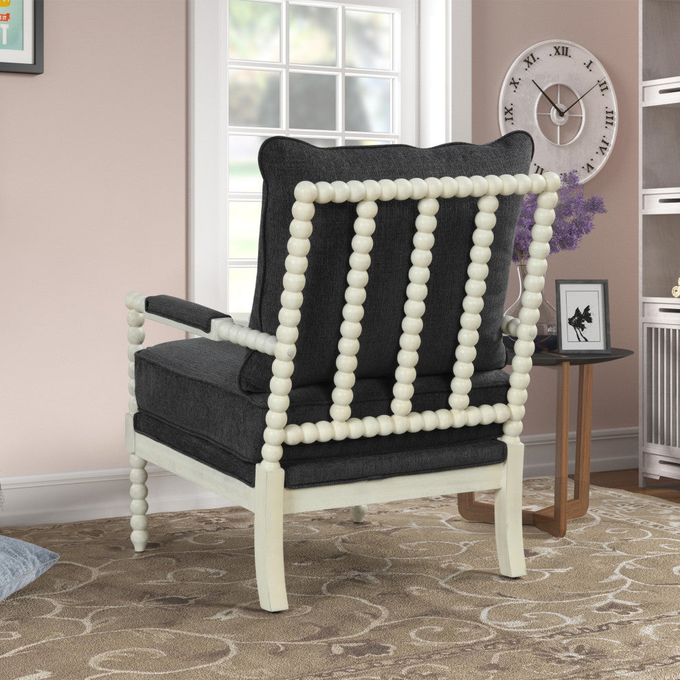 Hanako Transitional Accent Chair with Cushioned Wooden Arms, Charcoal/Off White