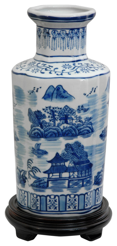 12" Landscape Blue and White Porcelain Vase