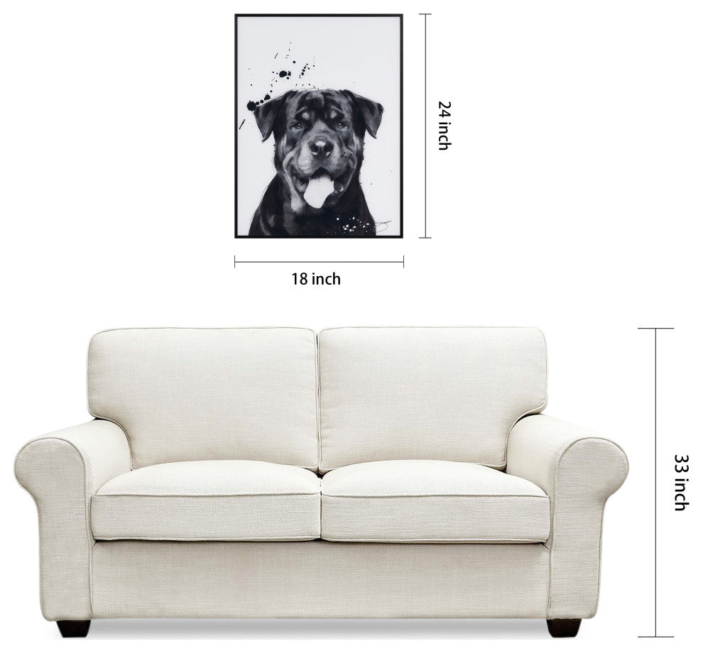 "Rottweiler" Black and White Pet Art on Printed Glass with Anodized Frame