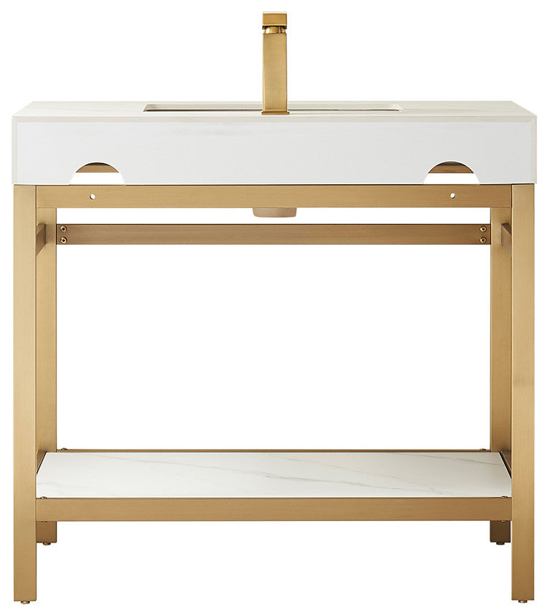 Funes Bath Vanity with Mirror, Brushed Gold Support, 36'', White Stone Top