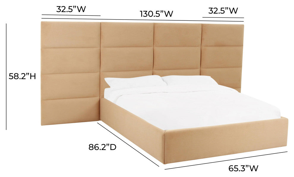 Eliana Honey Velvet Queen Bed with Wings - Honey