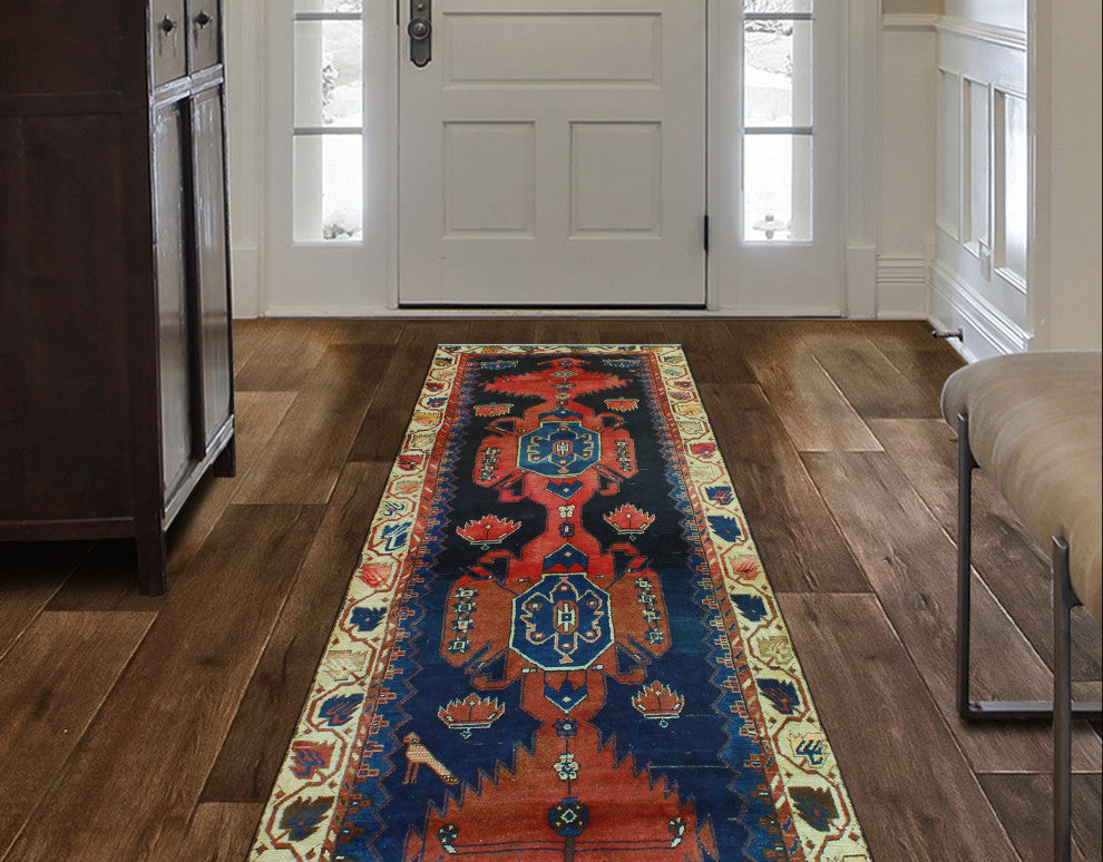 Fine Vintage Distressed Anel Navy/Rust Runner, 3'10 x 9'5