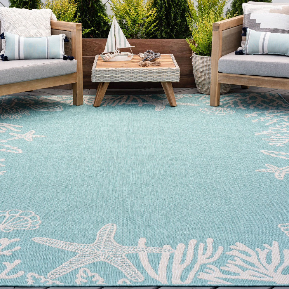 Biscayne Novelty Coastal Aqua/Cream Rectangle Indoor/Outdoor Area Rug, 8'x10'