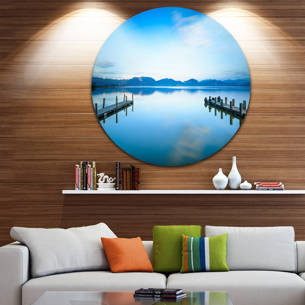 Two Wooden Piers In Blue Sea, Seascape Photo Disc Metal Artwork, 23"
