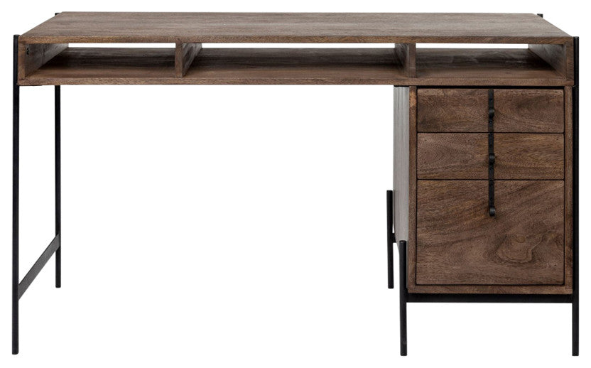 Medium Brown Wooden Writing Desk With 3 Drawers And 3 Open Shelves