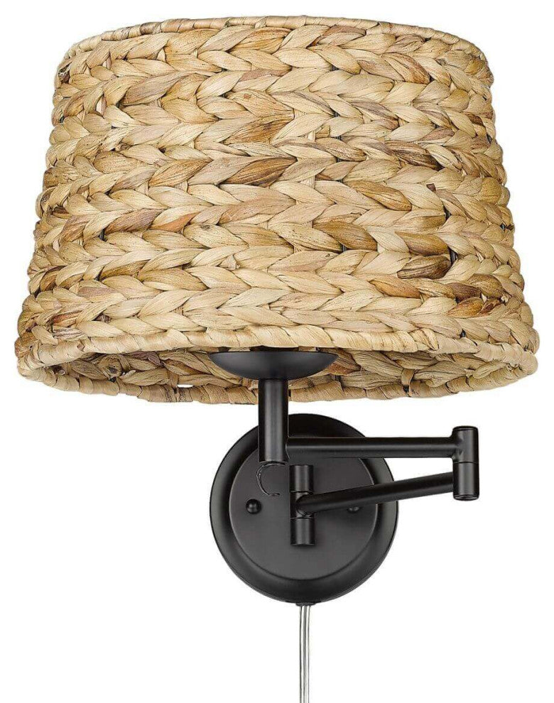 13" Tall Articulating Wall Sconce, Matte Black, Woven Sweet Grass