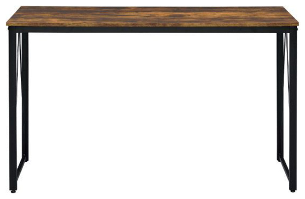 Wooden Writing Desk With Metal Frame, Weathered Oak and Black