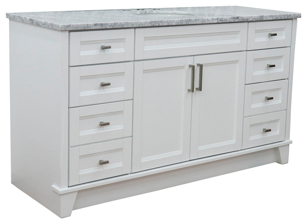 61" Single Sink Vanity, White Finish And White Carrara Marble And Oval Sink