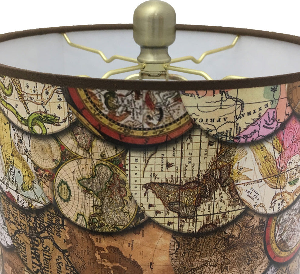 28" Crystal Buffet Lamp With Vintage Old World Maps Shade, Antique Brass, Single
