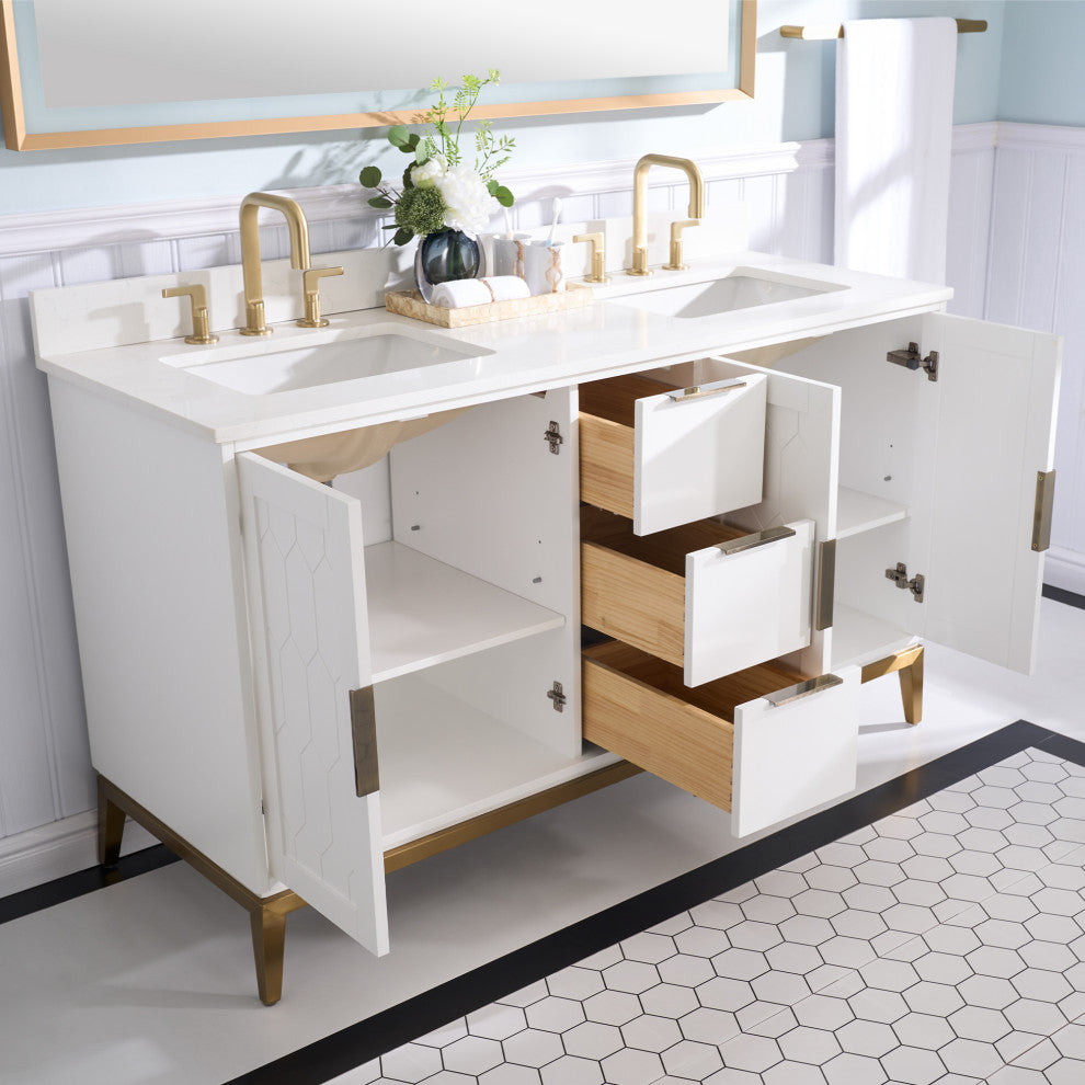 Alison Freestanding Bathroom Vanity with Italian Carrara White Marble Top, White, 60"