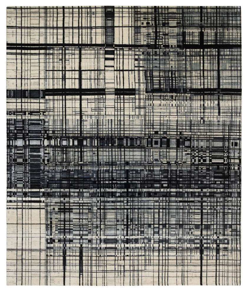 Black, Modern Lines Design, Ghazni Wool, Hand Knotted, Oriental Rug, 8'2" x 9'9"