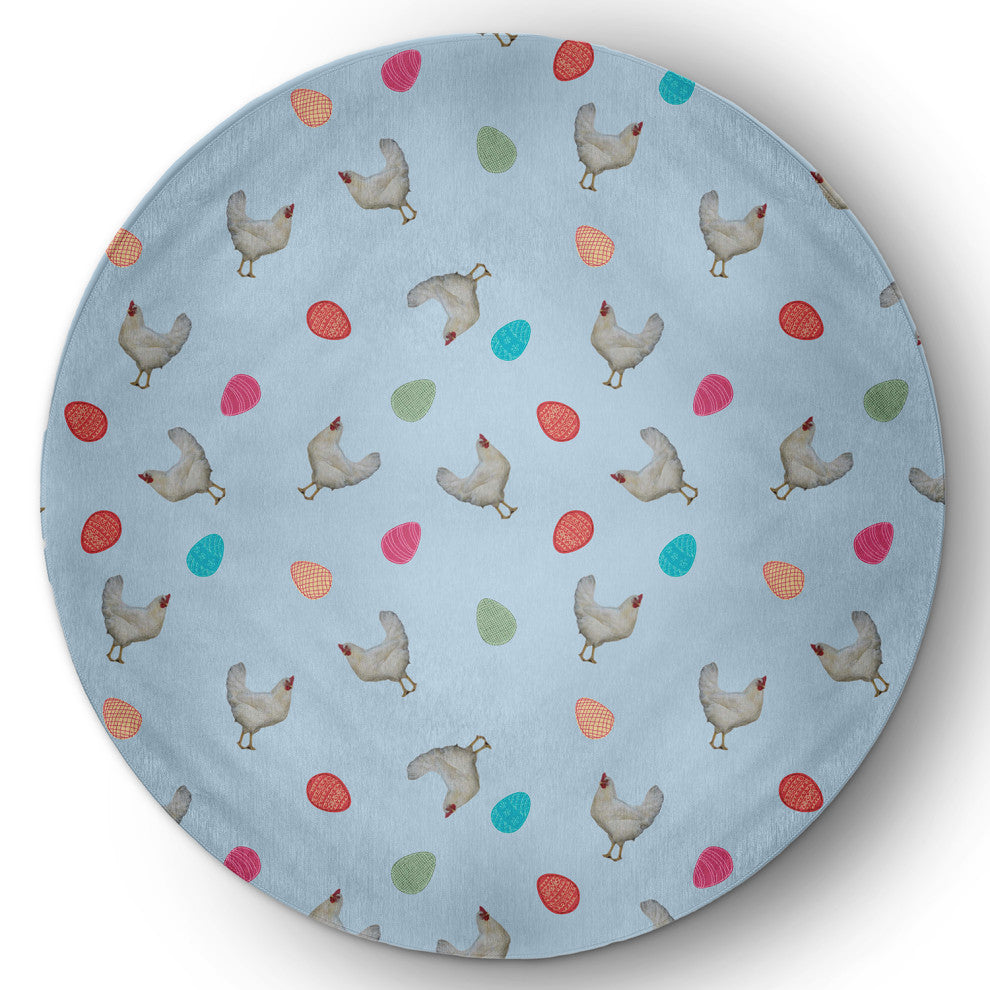 Chickens and Eggs Easter Chenille Rug, After Rain Blue, 5' Round