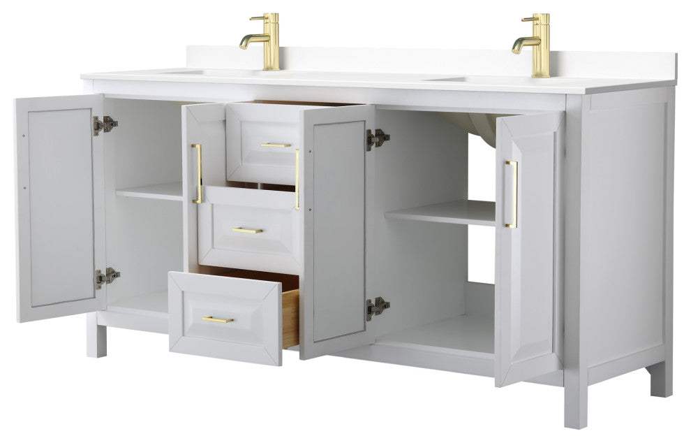 72"DBL Bath Vanity, White, White Cult. Marble Countertop, Sinks, Gold Trim