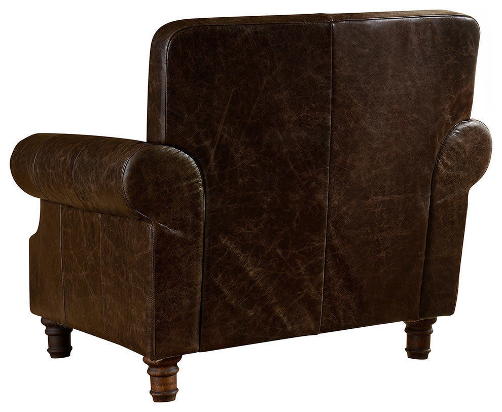 Leather English Rolled Arm, Arm Chair, Dark Brown Leather