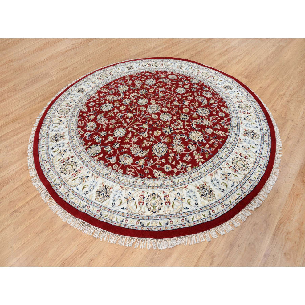 Cherry Red, Hand Knotted Nain, 250 KPSI Wool and Silk Round Rug, 9'1"x9'1"