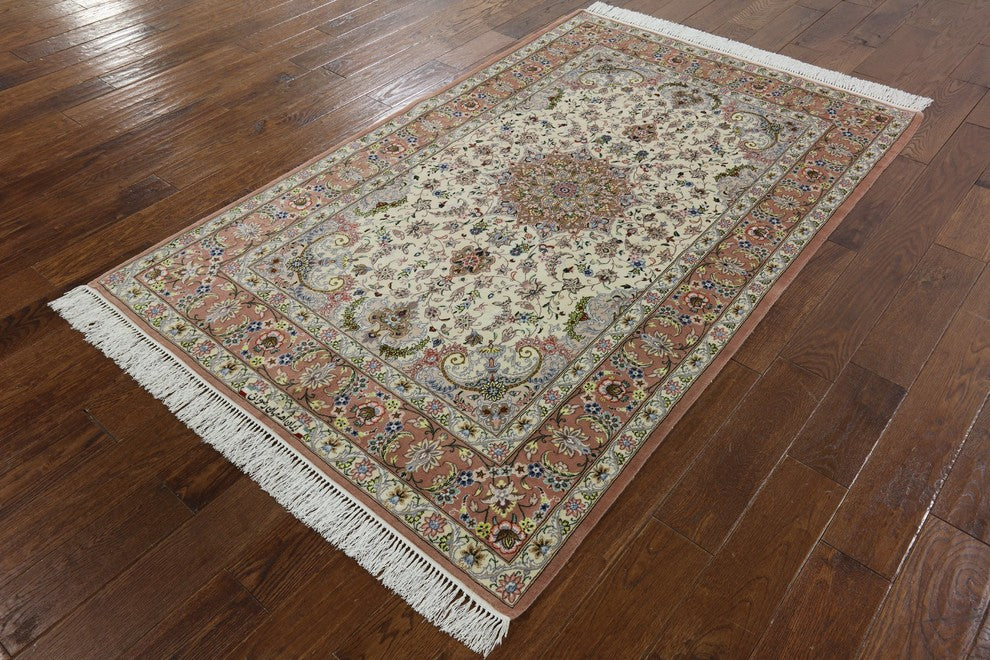 Signed Authentic Persian Isfahan Wool and Silk Area Rug, 4'x7'