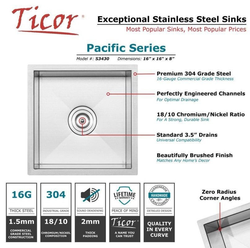 16" Zero Radius Undermount 16-Gauge Stainless Steel Kitchen and Bar Sink, Sink W