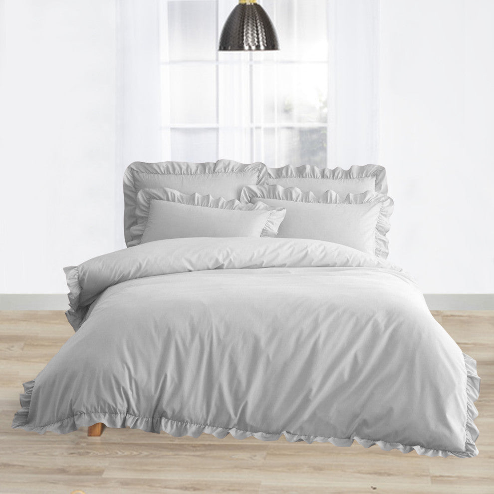 Organic Cotton 300 TC GOTS Certified 8 Internal Ties Ruffled Duvet Set, White, King(108"x92")