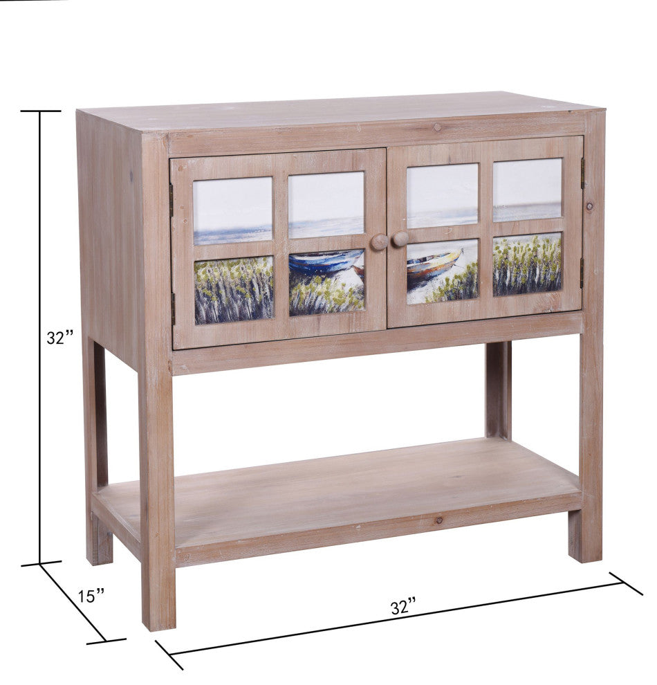 Painted Two Door Fir Wood Cabinet Natural Finish Boat Scene