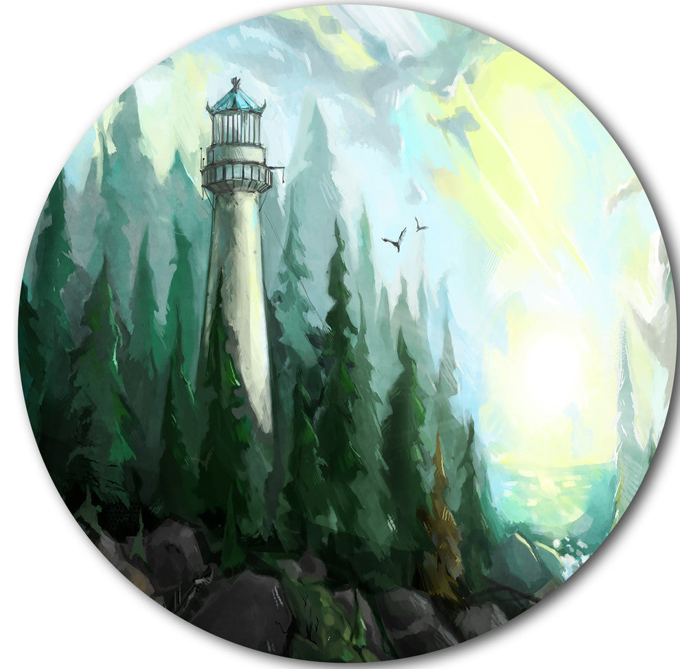 Landscape With River And Trees, Painting Large Disc Metal Wall Art, 23"
