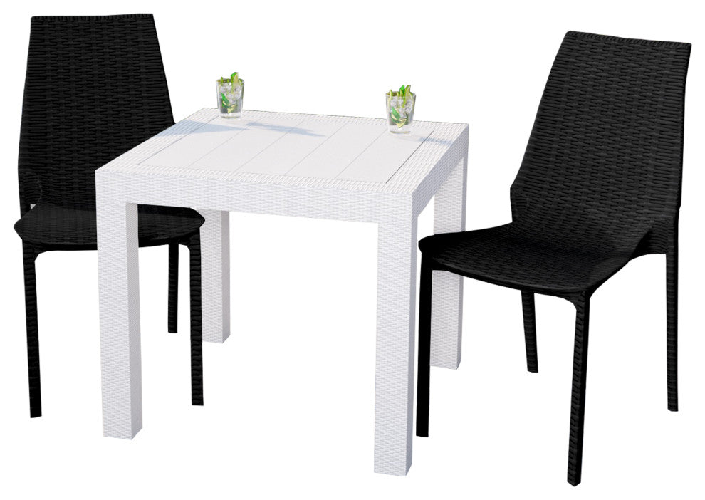 LeisureMod Kent Weave Design 3-Piece Outdoor Patio Dining Set, White/Black