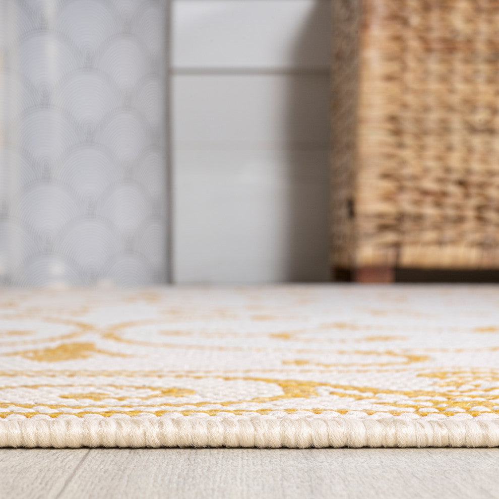 Charleston Filigree Textured Weave Indoor/Outdoor, Cream/Yellow, 2 X 8