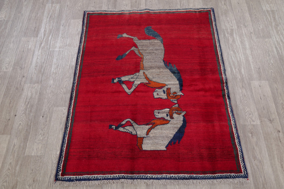 Vintage-Style Hand-Knotted Novelty Traditional Persian Area Rug, Red, 5'6"x4'2