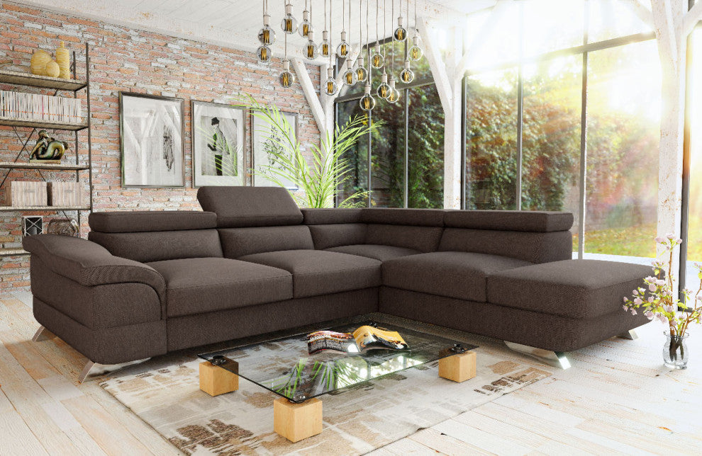 BELLA Sectional Sleeper Sofa, Brown, Right Facing