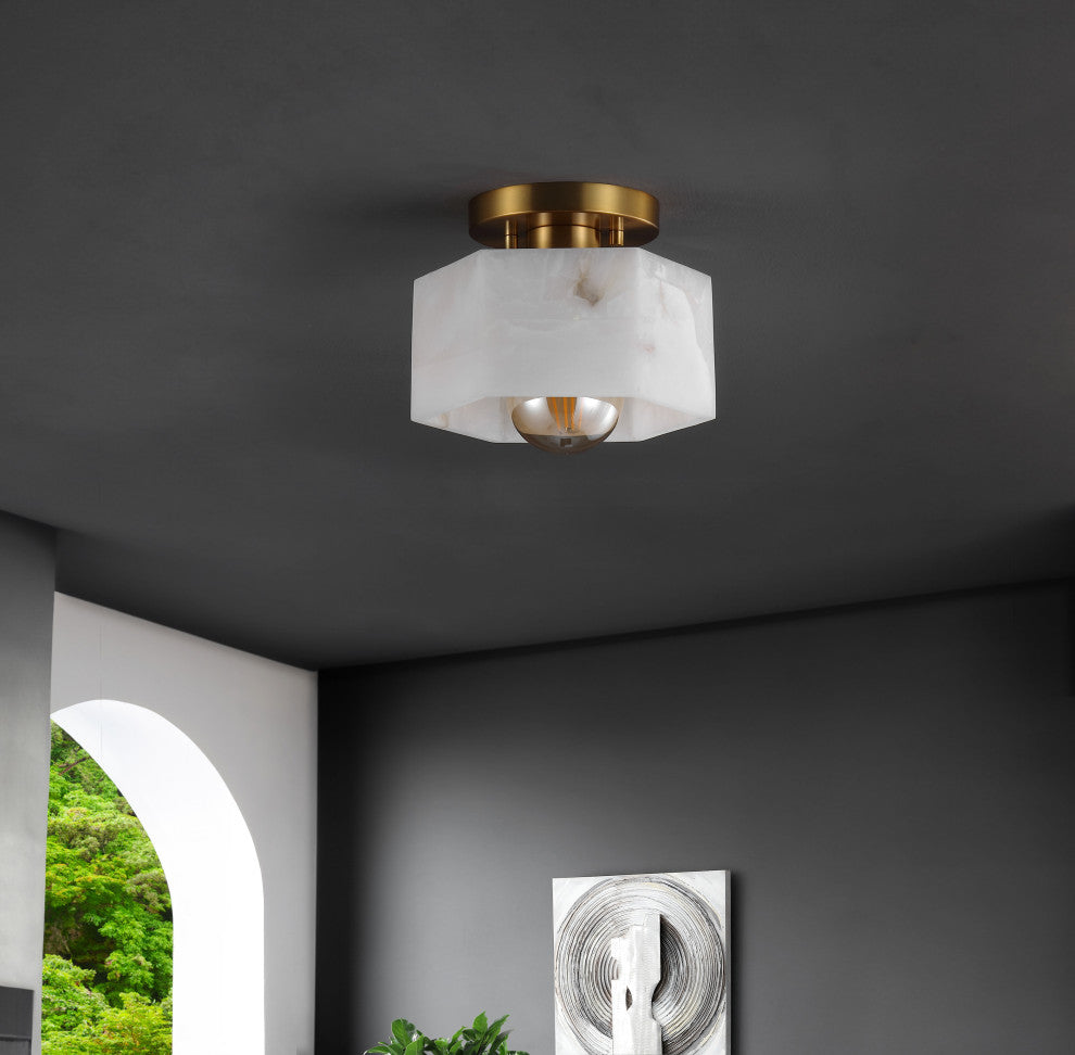 8" 1-Light Modern Contemporary Alabaster/Iron Hexagonal LED Semi Flush Mount