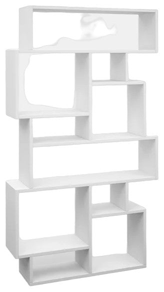 Modern Bookcase, Geometric Design With 10 Asymmetrical Open Shelves, White