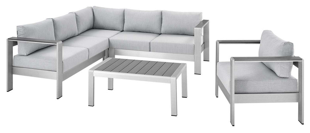 Sectional Sofa Chair Table Set, Sunbrella, Aluminum, Silver Gray, Outdoor
