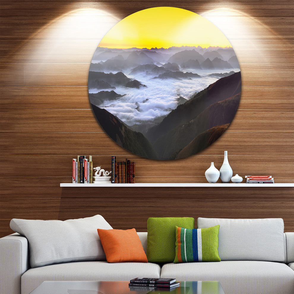 Foggy Sunrise Over Mountains, Landscape Large Disc Metal Wall Art, 23"