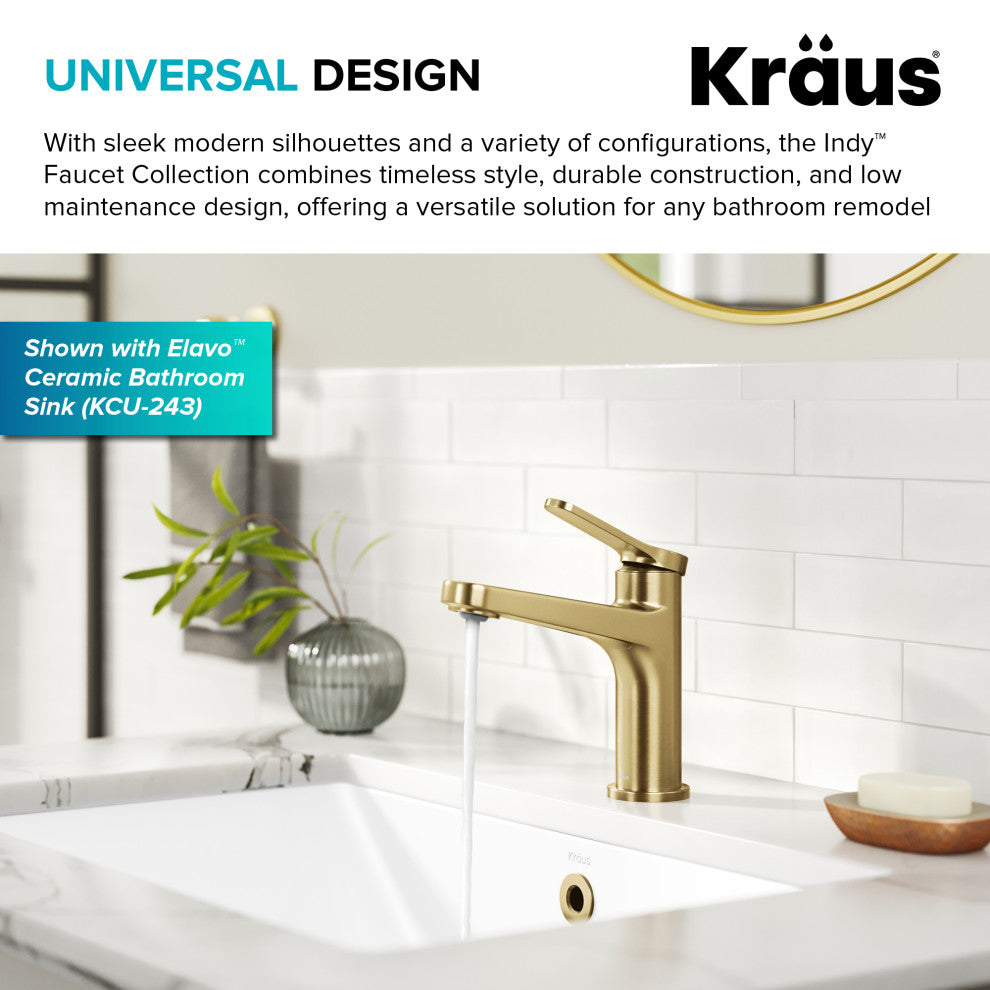KRAUS Indy Single Handle Basin Bathroom Faucet Spot Free BB, Pop Up Drain
