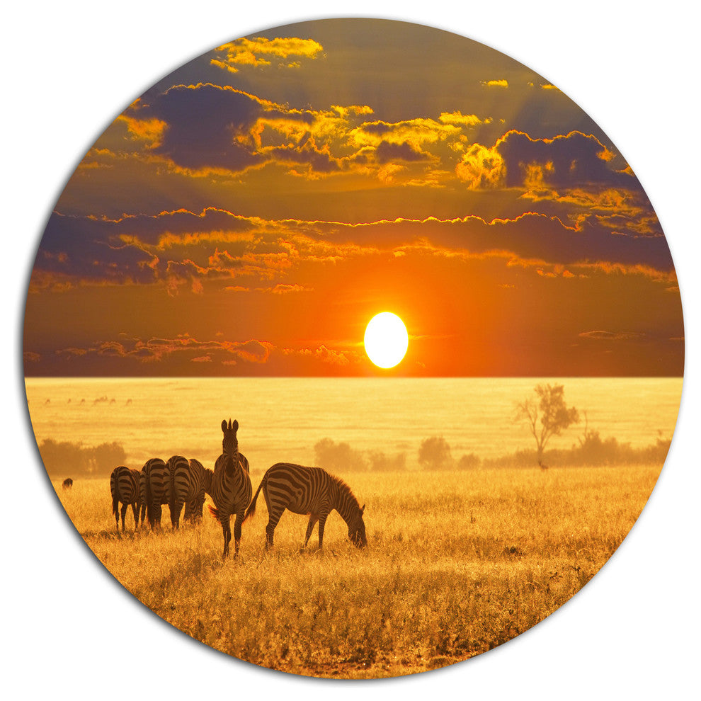 Group Of Zebras Grazing At Sunset, Animal Round Metal Wall Art, 23"