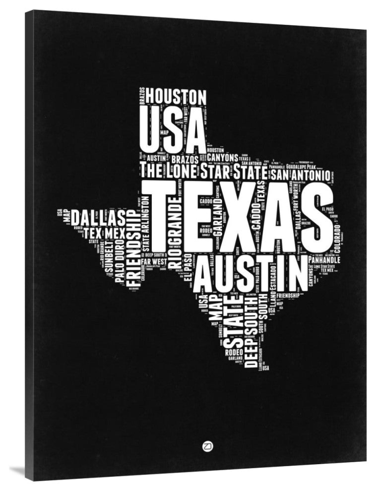 "Texas Black and White Map" Fine Art Print