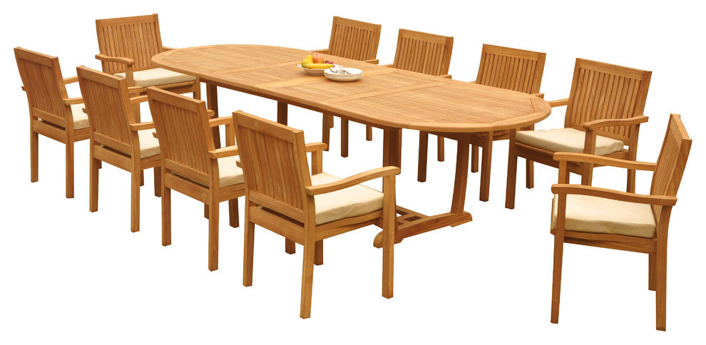 11-Piece Outdoor Teak Dining Set: 117" Masc Oval Table, 10 Leveb Stacking Chairs