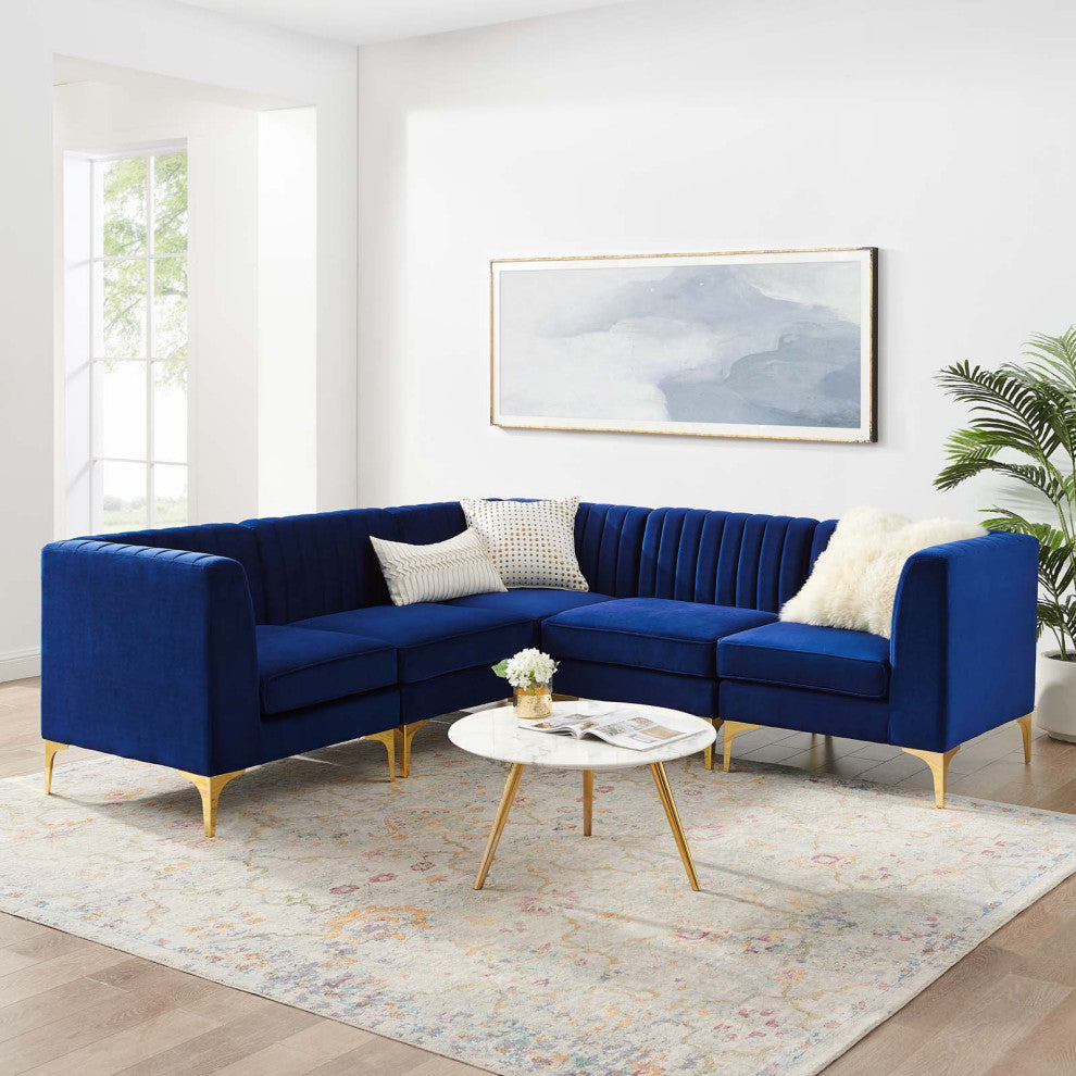 Tufted Sectional Sofa Set, Velvet, Blue Navy, Modern, Living Lounge Hospitality