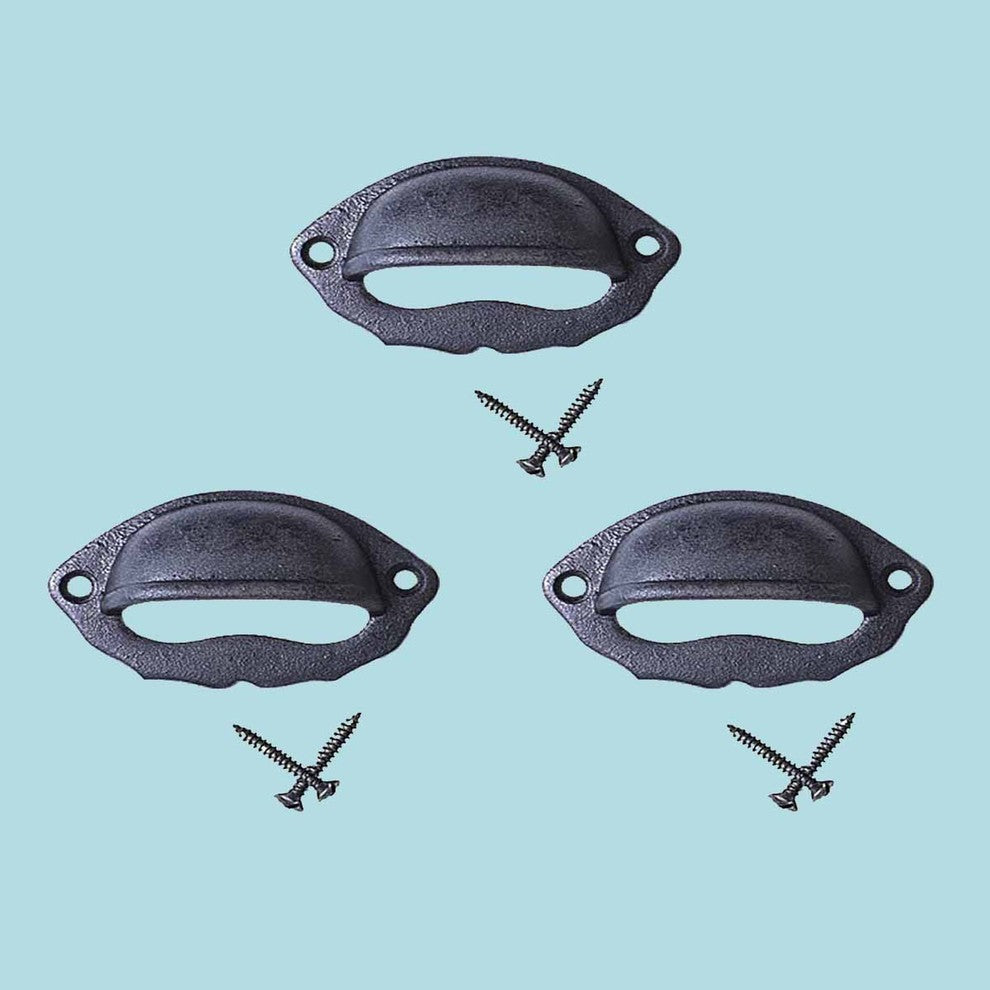Cabinet or Drawer Bin Pull Black Iron Cup 3" W x 2" H Set of 3