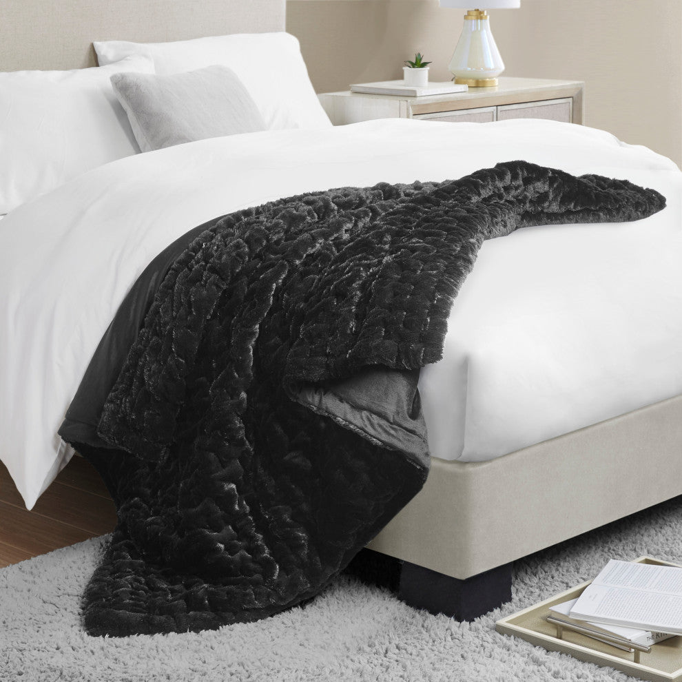 Madison Park Ruched Fur Ruched Long Fur 50x60" Throw Blanket, Black