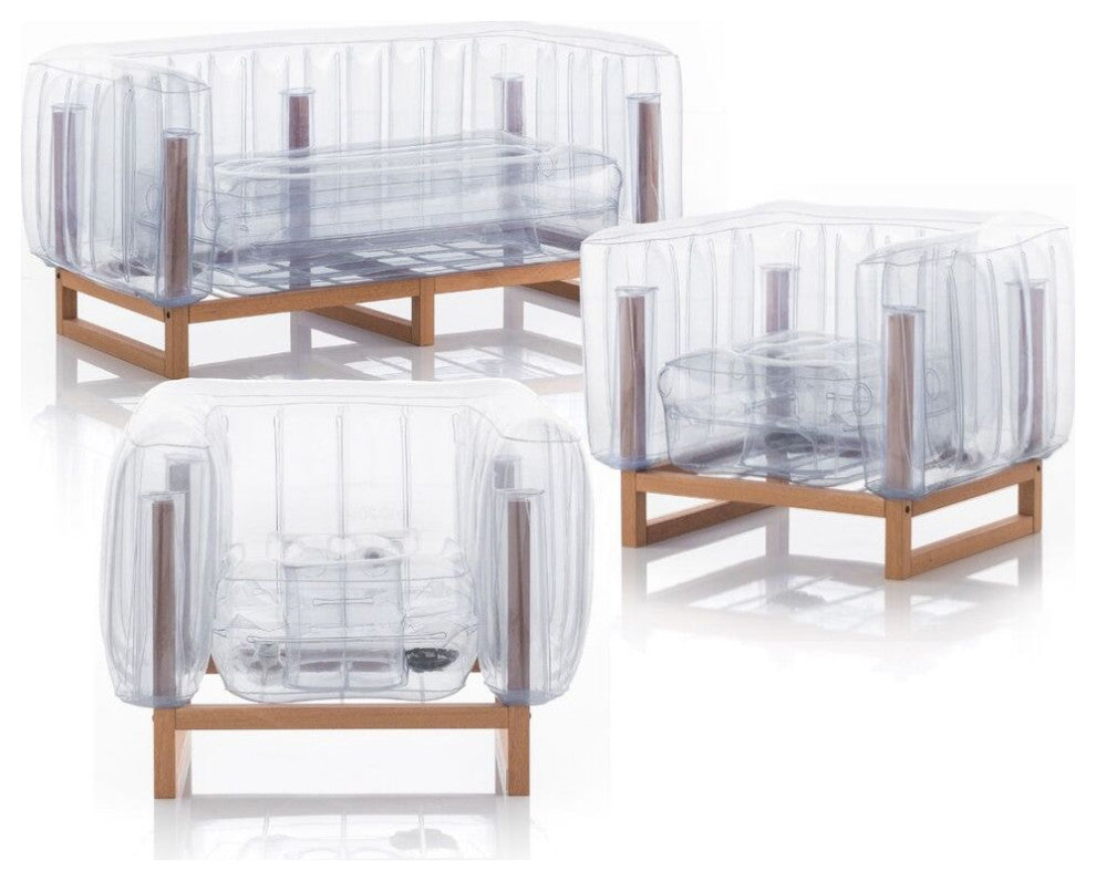 Mojow Yomi 3 Piece Living Room & Garden Set | Wooden Frame - Clear Transparent