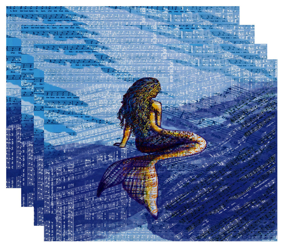18"x14" Mermaid, Geometric Print Placemat, Blue, Set of 4