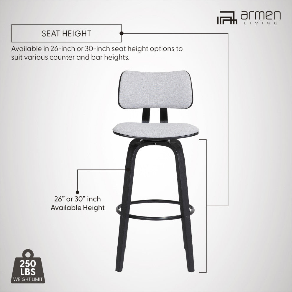 Pico 26" Swivel Black Wood Counter Stool, Light Gray Fabric With Black Metal, 30
