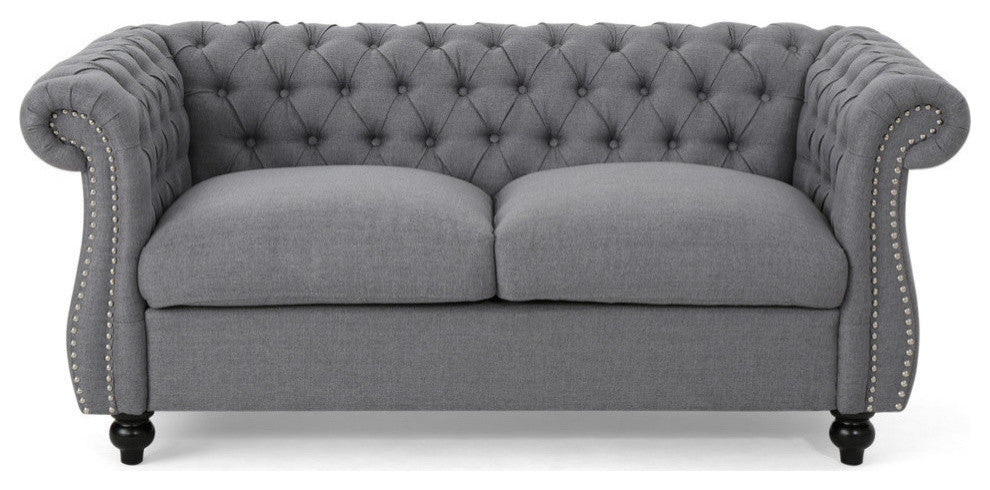 GDF Studio Kyle Traditional Chesterfield Loveseat Sofa, Dark Gray/Dark Brown