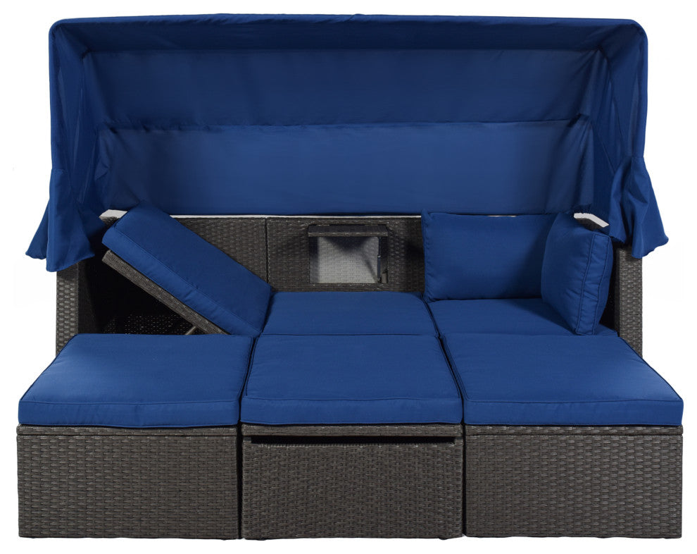 4-Piece Outdoor Wicker Sectional Patio Daybed with Canopy and Ottoman, Black Blu
