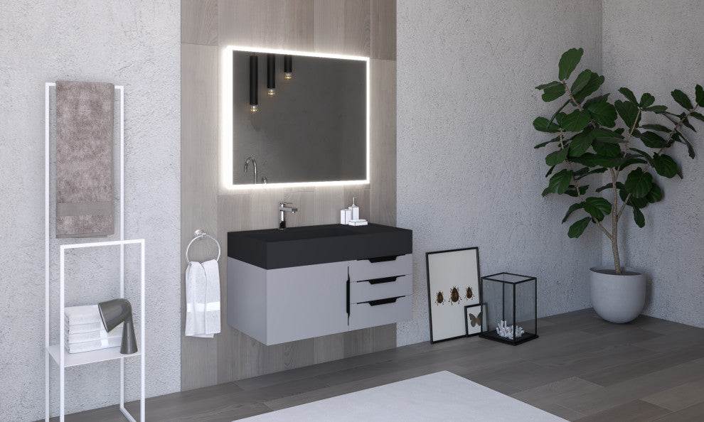 CastelloUSA Amazon 36" Wall Mount Vanity Set, Gray, Black Top, Black Handles