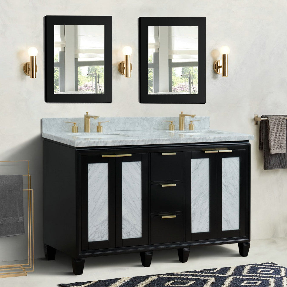 61" Double Sink Vanity, Black Finish With White Carrara Marble