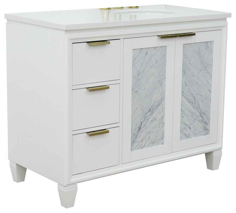43" Single Vanity, White Finish With White Engineered Stone Top