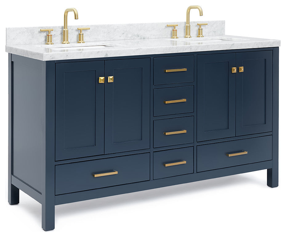ARIEL Cambridge 61" Rectangle Sink Midnight Blue Vanity Carrara Top, No Mirror
