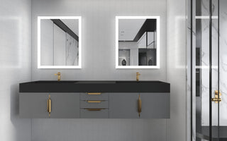 CastelloUSA Amazon 84" Wall Mounted Vanity Set, Gray, Black Top, Gold Handles