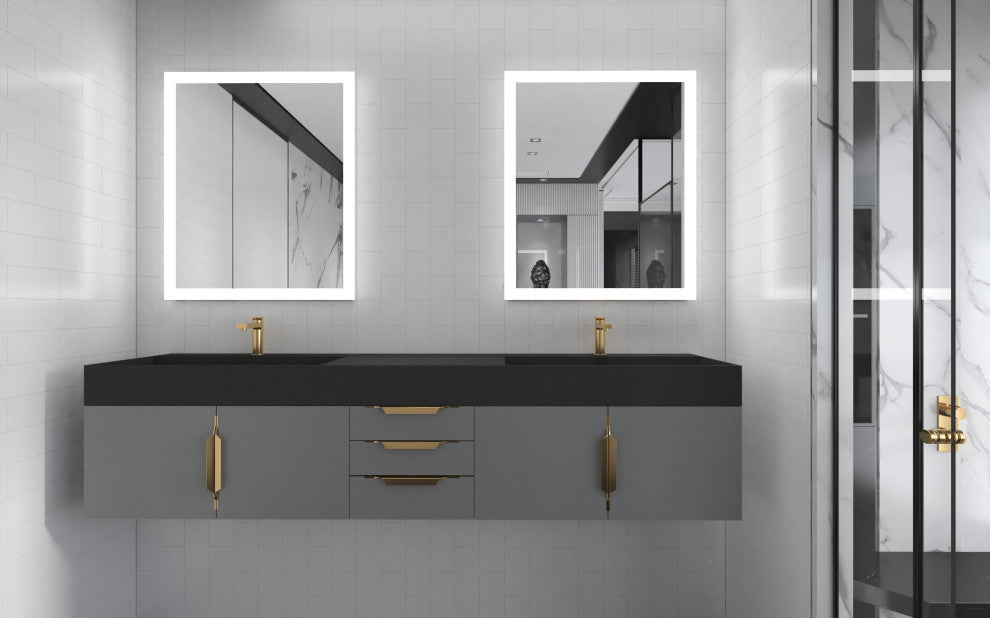 CastelloUSA Amazon 84" Wall Mounted Vanity Set, Gray, Black Top, Gold Handles